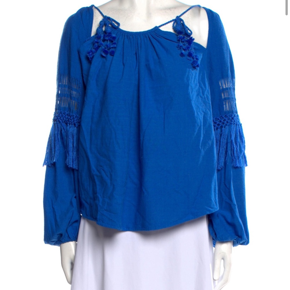 Ulla Johnson Duman Fringe Blouse Tassel Top Crochet Azul Blue Long Sleeve XS 0 - Picture 5 of 7